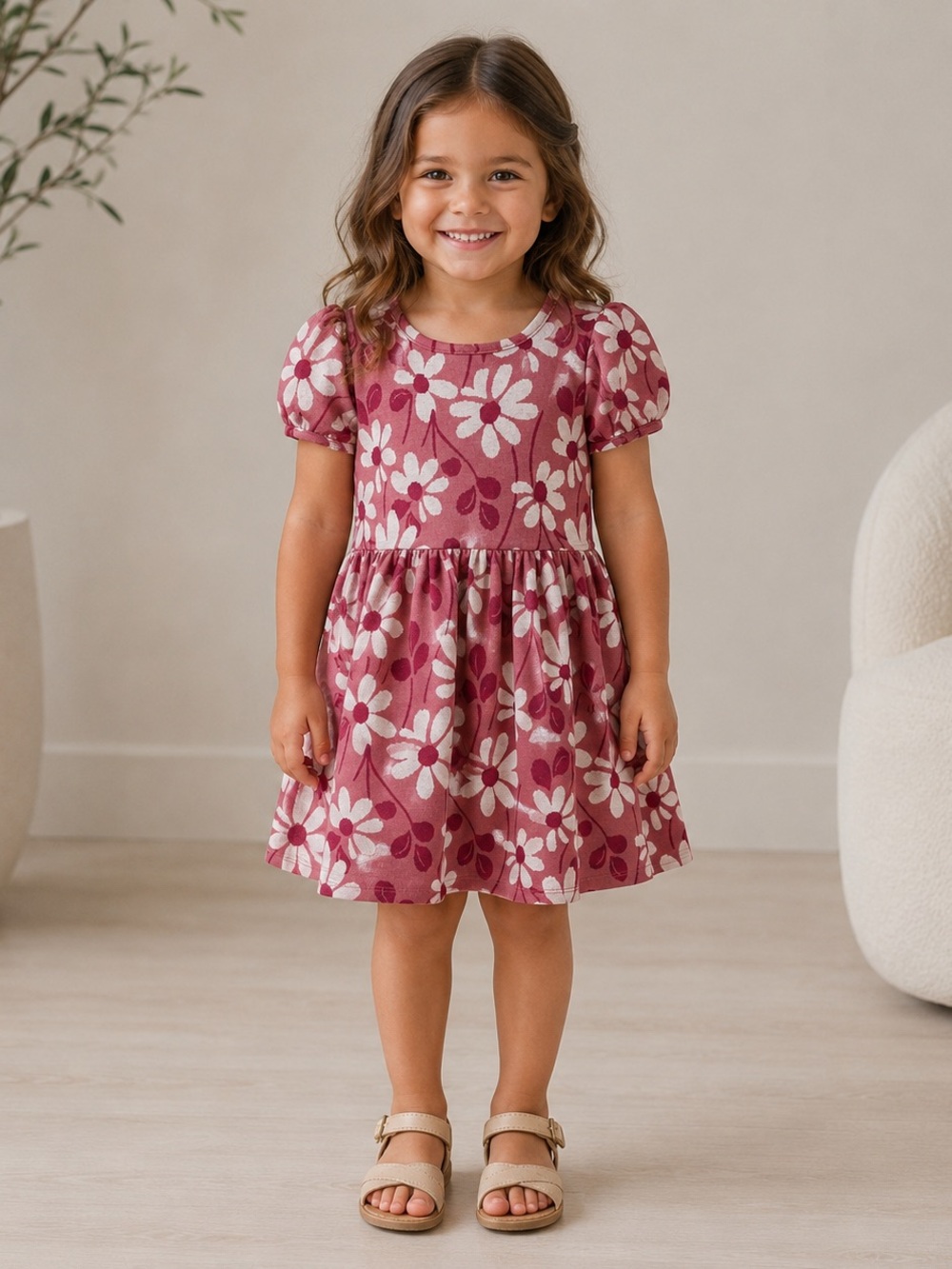 Girls' rust Floral Puff-Sleeve Dress